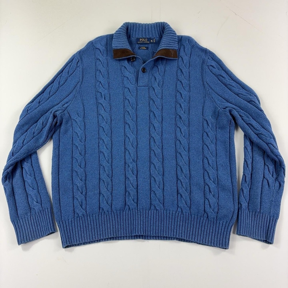Polo Ralph Lauren Silk Cashmere Sweater Men XL Cable Knit Mock Neck Suede Collar